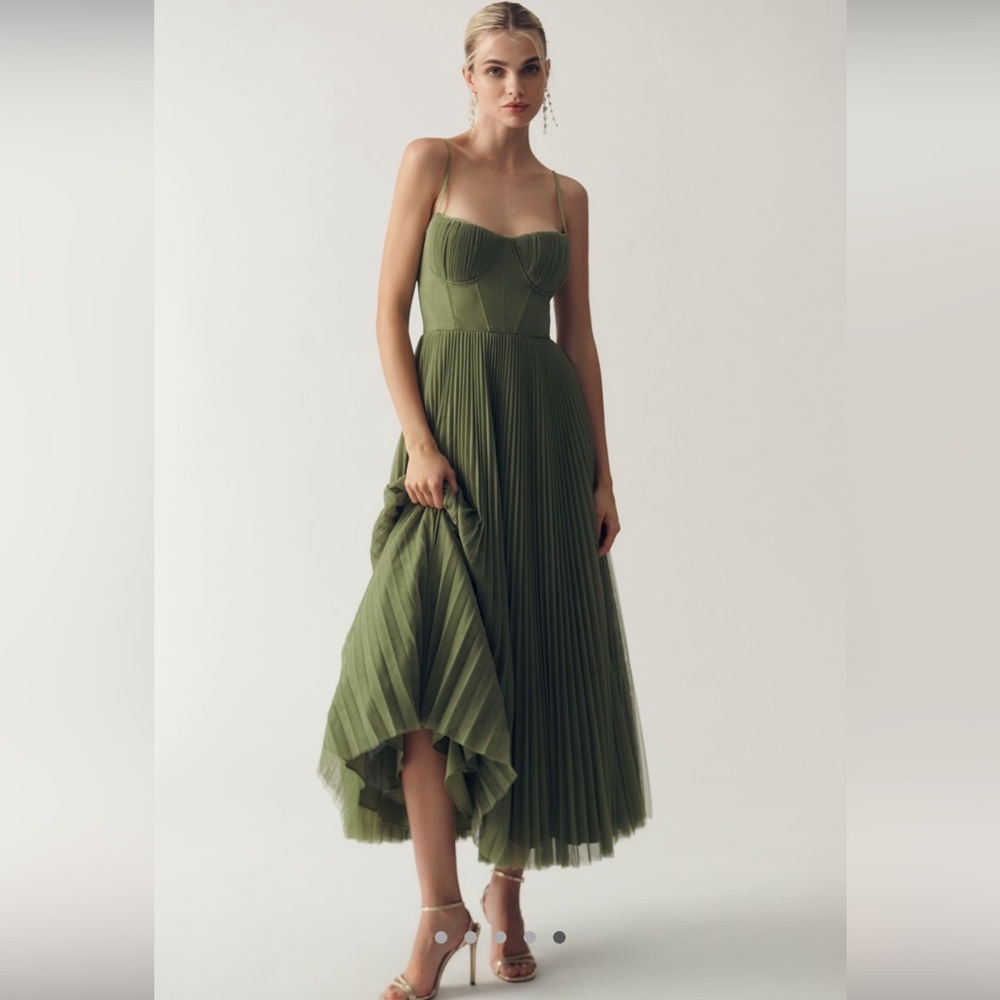 Hutch Olive Green Pleated Midi Dress